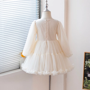 Detailed view of the layered tulle skirt and lace sleeves of a beige girls princess dress