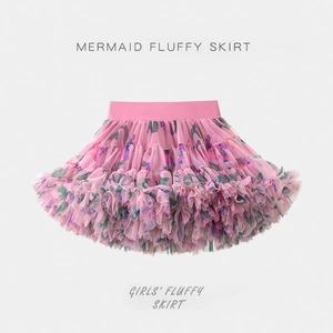 Pink floral layered mesh tutu skirt for girls featuring a soft elastic waistband