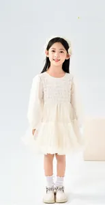 Detailed close-up of girls lace princess dress featuring layered mesh and pleated bodice