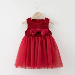 Girls red tulle party dress with shiny textured bodice and large velvet waist bow