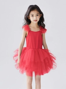 Robe de ballet rouge pour filles avec jupe en tulle multicouche pour la danse