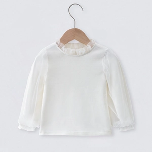 Girls Cotton Long Sleeve T-Shirt Sweet Lace Mesh Splicing Base Shirt Kids White Top For Spring Autumn