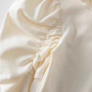Detailed macro view of cream puff sleeves with pleated shoulder design on a knit top