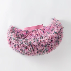 Pink floral layered mesh tutu skirt for girls with elastic waist and vibrant flower prints