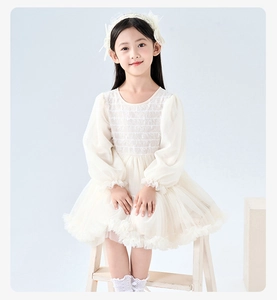 Detail of multi-layered mesh tutu skirt on a cream long sleeve lace princess dress