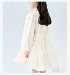 Detail of multi-layered tulle cake skirt with ruffled bubble sleeves on girls dress