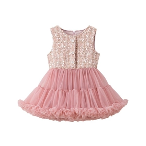 Detail of pink girls' dress with sequin embroidery and layered tulle ruffles