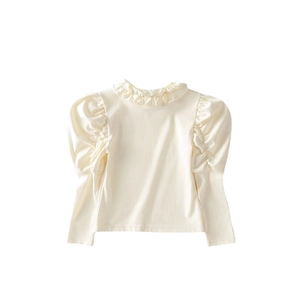 Girls' cream puff sleeve top with ruffled collar and hollow-out detailing for spring