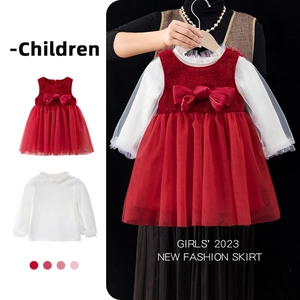 Girls fashion two-piece set with a red velvet tutu dress and white long sleeve shirt