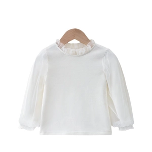 White cotton long-sleeve t-shirt for girls with mesh ruffle collar and puff sleeves