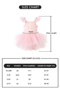 Tableau des tailles pour robe tutu de ballet rose avec mesures de poitrine en pouces