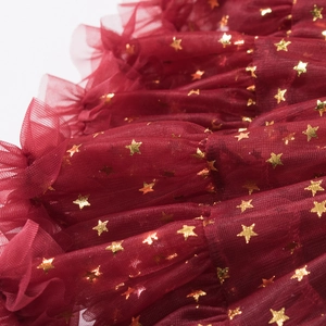 Gonna tutu a strati rosso scuro con dettagli a stelle dorate e texture a rete