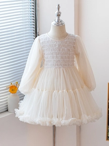 Girls Long Sleeve Mesh Princess Dress Cotton Lining Smocking Tutu Tiered Skirt For Wedding Party Beige Kids Dress