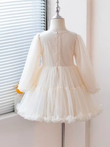 Beige lace tulle princess dress for girls featuring long sleeves and tiered tutu design