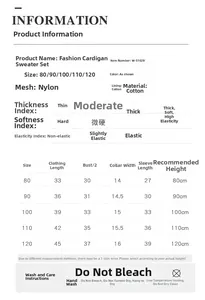 Size chart and fabric care guide for girls' tutu princess skirt and cardigan outfit