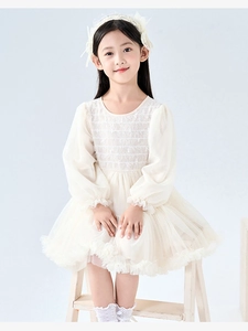 Elegant girl's long sleeve lace princess dress in creamy white with layered tulle skirt