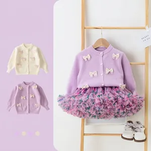Girls' lavender knit cardigan and floral tutu skirt set with pearl buttons