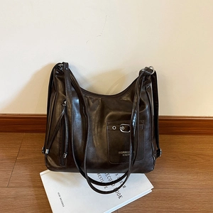 Grand sac cabas marron foncé en cuir PU avec double bandoulière et poche à boucle