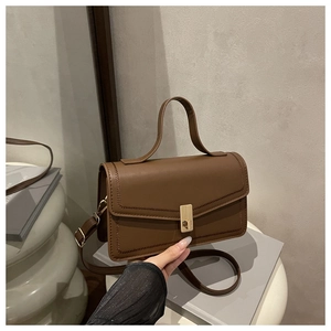 Detailed view of retro brown square handbag with gold buckle and leather texture