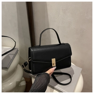 Detailed view of black square handbag with golden hardware and adjustable strap