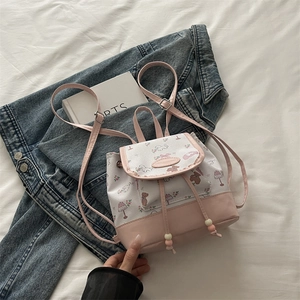 Cute cartoon print mini backpack in pink and white leather for girls