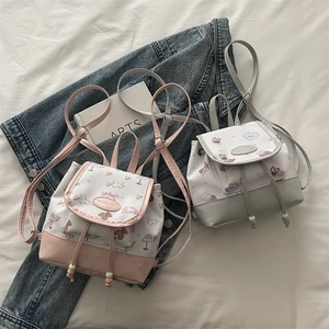 Cute cartoon print mini backpacks in pink and grey with preppy style and drawstring flap