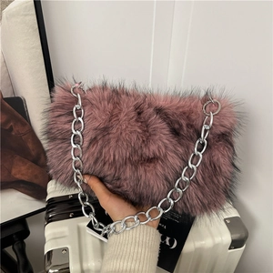 Sac Sous les Aisselles Élégant en Fausse Fourrure pour Femme Avec Bandoulière en Chaîne d'Alliage Couleur Unie Mode Automne Hiver