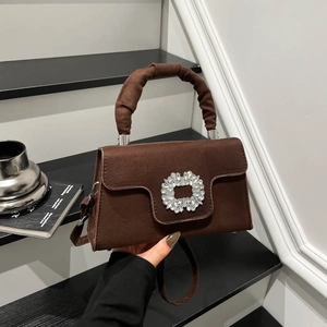 Dark brown suede handbag with rhinestone buckle and stylish ruched handle strap