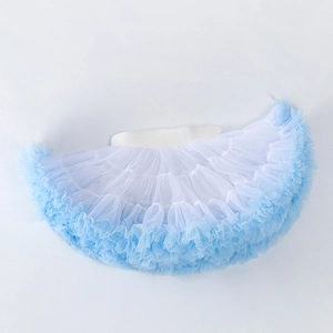 Detailed close-up of light blue multi-layer mesh tulle girls tutu skirt with elastic waistband