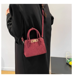 Detail of burgundy suede mini square bag with gold buckle on shoulder of a model