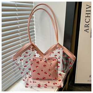 Pink cherry print transparent PVC tote bag with leather straps and inner pouch