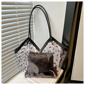 Sweet cherry print clear PVC tote bag with black leather trim and matching inner pouch