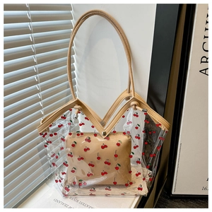 Transparent PVC tote bag with cherry print and inner pouch for women in autumn 2025 style