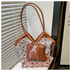 Sweet cherry print transparent PVC tote bag with brown faux leather handles and inner pouch