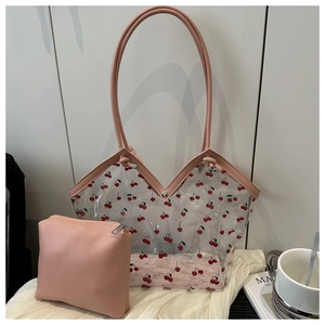 Detail of transparent PVC tote with cherry print and matching pink inner pouch