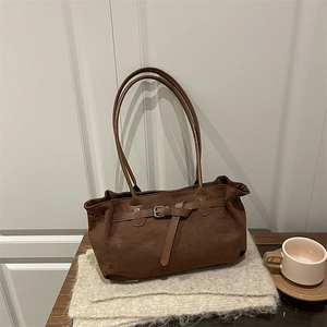 Retro dark brown frosted suede tote bag with silver buckle and thin shoulder straps