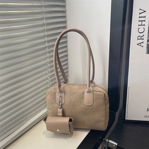 Retro khaki faux suede bowling tote bag with matching mini pouch charm and shoulder straps