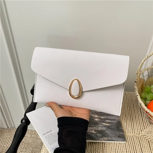 White Saffiano leather envelope clutch bag with gold oval buckle and V-shaped flap