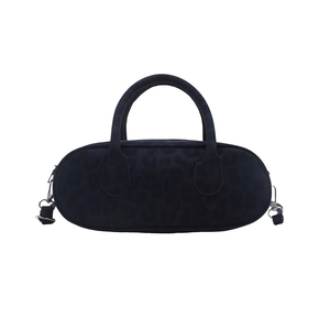 Retro faux suede leopard print handbag with silver hardware and detachable strap