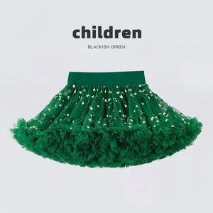 Dark green layered tutu skirt for girls featuring gold star sequins and elastic waistband