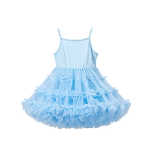 Detail of light blue girls' tutu dress featuring multi-layered mesh and silk bows