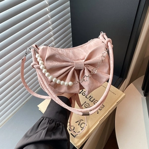 Borsa a Spalla Donna con Fiocco Perla Artificial Catena Fiori Metallo Moda Effetto Raso Pelle PU Tracolla Quotidiana Festa Regalo