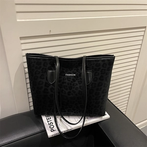 Fashionable leopard print tote bag for women with FASHION logo and long shoulder straps