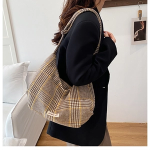 Detail of hobo plaid shoulder bag with vintage check pattern and power off label