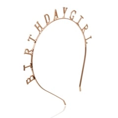 Rose gold metal headband featuring a cutout Birthday Girl lettering design for parties