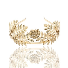 Detailed view of a golden leaf bridal headband with central flower and pearl accents