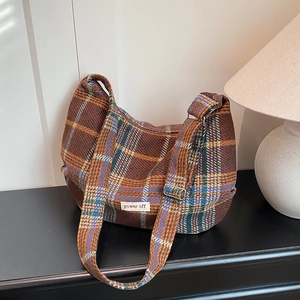 Retro oversized plaid crossbody bag in brown tweed with power off tag design