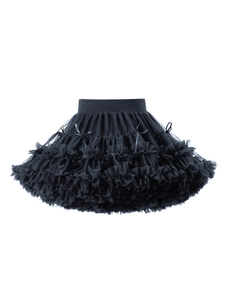 Girls black layered mesh tutu skirt with ruffled tiers and ribbon bow detail