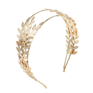 Elegant gold double-layered laurel leaf headband with intricate Greek goddess crown design