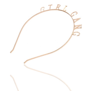 Detailed view of rose gold alloy headband with polished Girl Gang 3D lettering detail